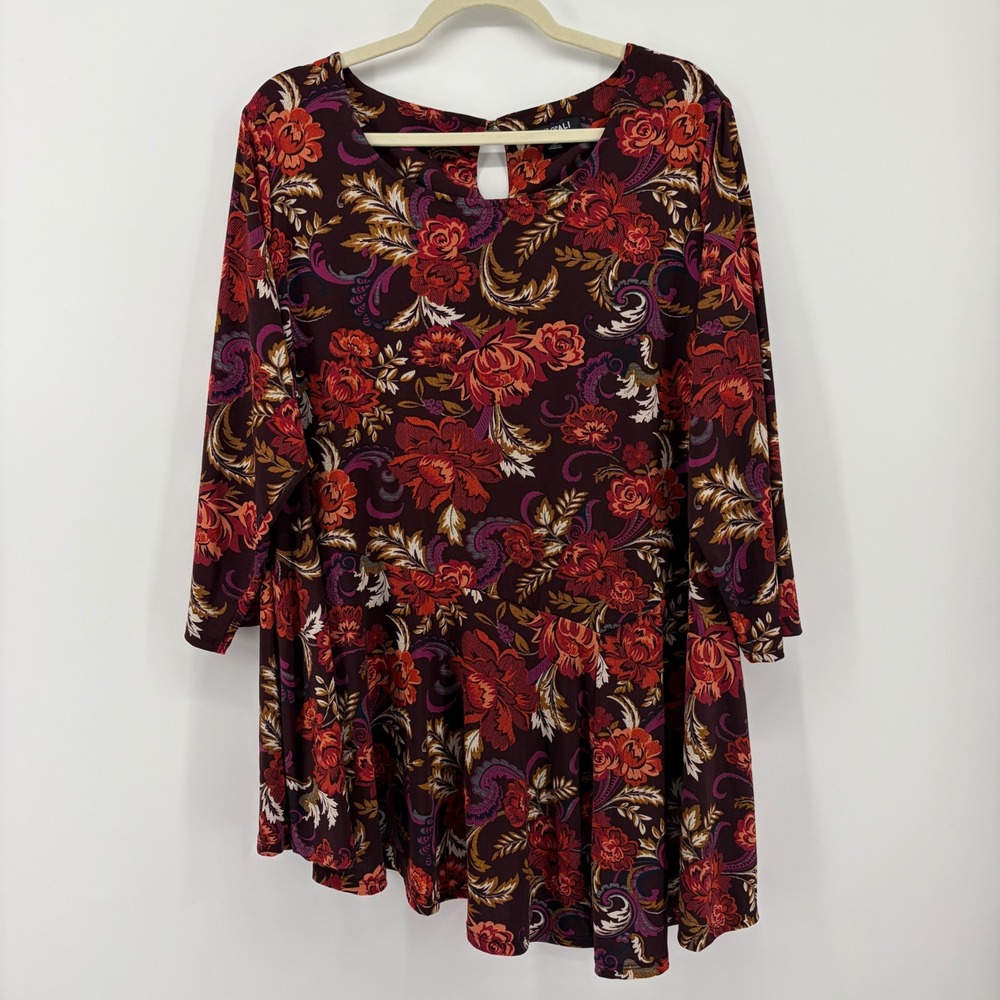 Roz & Ali Womens 2X Burgundy Floral Paisley Babydoll Tunic Asymmetrical Top